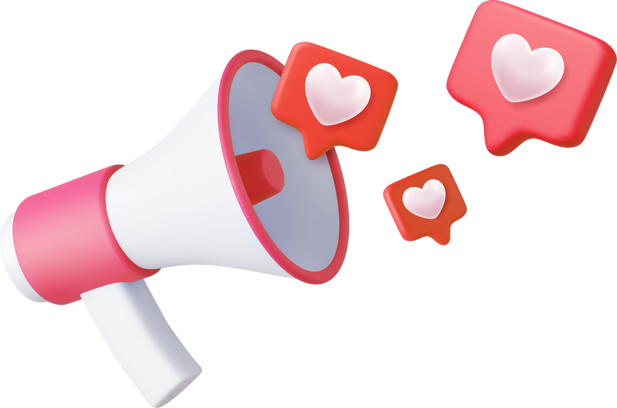 3d megaphone, loudspeaker with hearts
